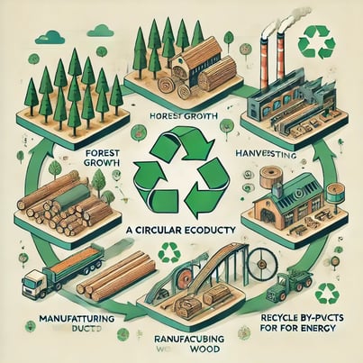 DALL·E 2024-11-11 07.05.45 - An infographic-style image in a square format showing the lifecycle of wood in a circular economy. Include stages such as forest growth, harvesting, p